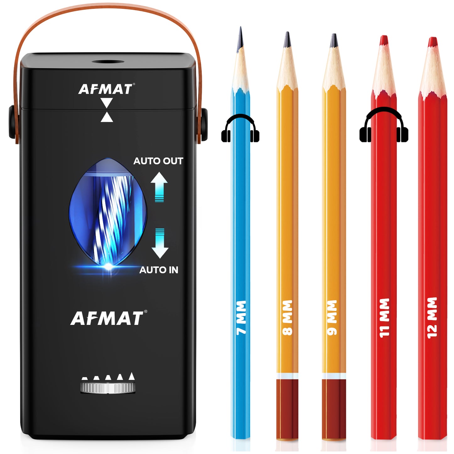 AFMAT PSC7 Electric Fully Automatic Pencil Sharpener,2X Longer Cutter Life,for 6-12mm No.2/Jumbo Pencils, Auto in & Out, 5 Sharpness Modes, Rechargeable Heavy Duty Sharpeners for Classroom Home Office PSC7BK