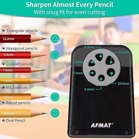 Electric Pencil Sharpener Heavy Duty, 6 Holes, Auto Stop AFMAT Pencil Sharpeners for School, Classroom Electric Sharpener for 6-11mm Pencils, 7000 Sharpening Times, Do not Eat up Colored Pencils