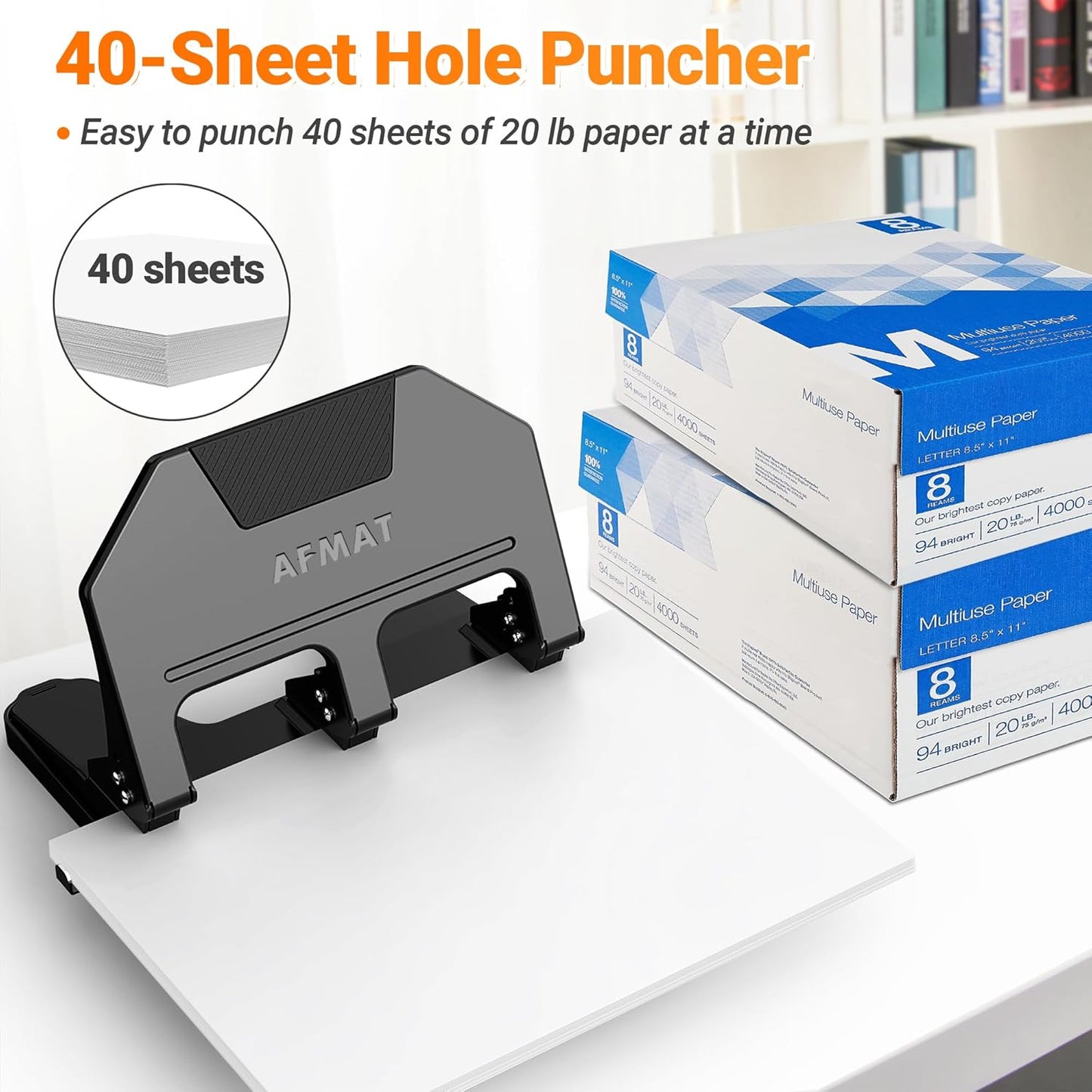 AFMAT 3 Hole Punch Heavy Duty, 40-Sheet 3 Hole Puncher for Binder, Metal Three Hole Punch w/ 10000+ Punching Times