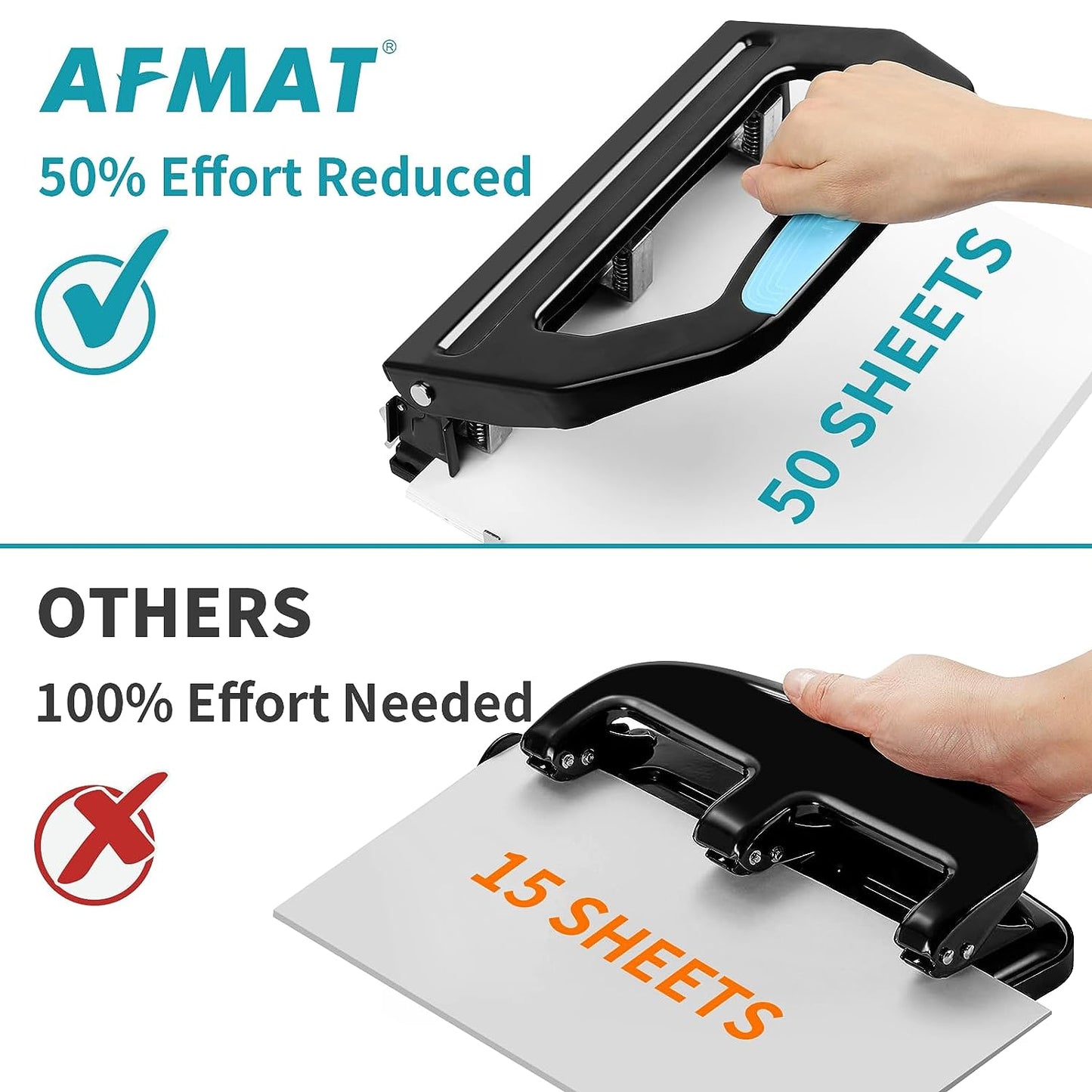 AFMAT HP18 Heavy Duty 3 Hole Punch, 50-Sheet, 50% Reduced Effort, Adjustable Two & Three Hole Punch,Black