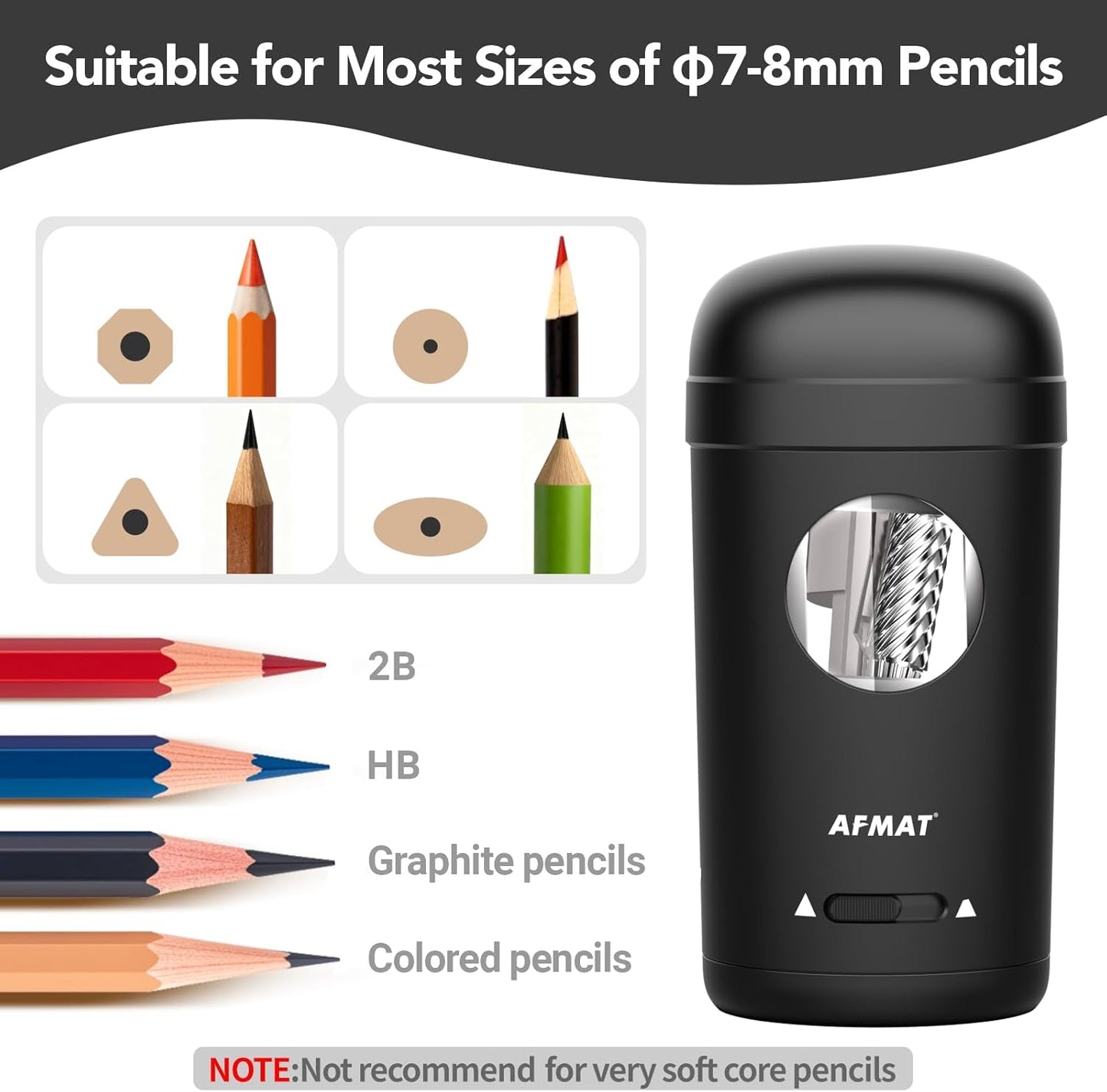 AFMAT PSX7 Electric Pencil Sharpener, Fully Automatic Pencil Sharpener for 7-8mm Pencils & Colored Pencils, Auto in & Out, Rechargeable Vertical Hands-Free Sharpeners for Classroom/Home/Office (Black)