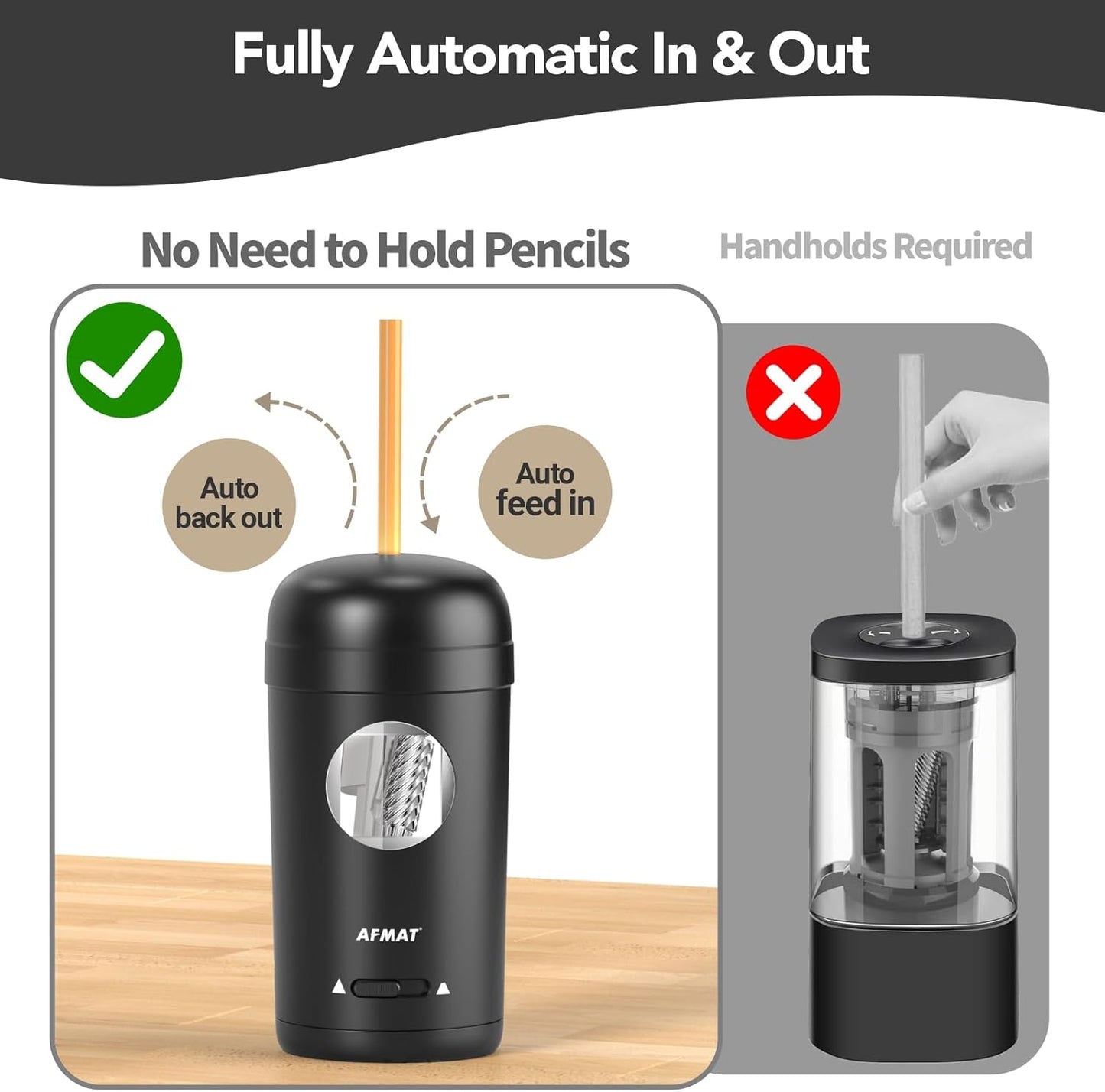 AFMAT PSX7 Electric Pencil Sharpener, Fully Automatic Pencil Sharpener for 7-8mm Pencils & Colored Pencils, Auto in & Out, Rechargeable Vertical Hands-Free Sharpeners for Classroom/Home/Office (Black)