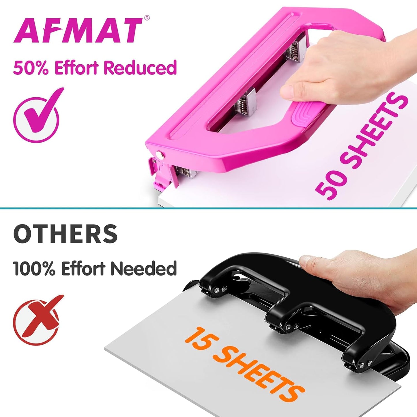 AFMAT HP18 Heavy Duty 3 Hole Punch, 50-Sheet, 50% Reduced Effort, Adjustable Two & Three Hole Punch,Black