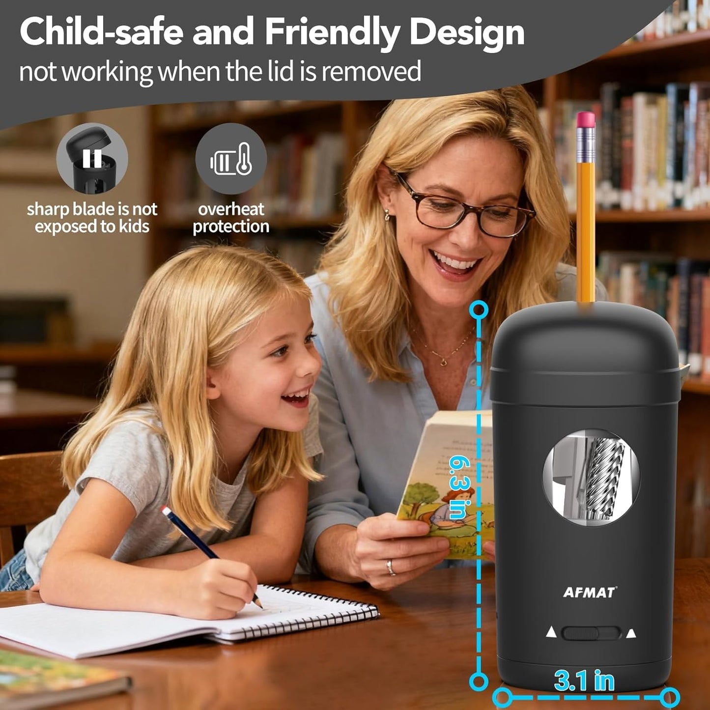 AFMAT PSX7 Electric Pencil Sharpener, Fully Automatic Pencil Sharpener for 7-8mm Pencils & Colored Pencils, Auto in & Out, Rechargeable Vertical Hands-Free Sharpeners for Classroom/Home/Office (Black)