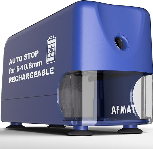 AFMAT PSD3 Electric Pencil Sharpener, Heavy Duty Classroom Pencil Sharpeners for 6-10.8mm Pencils, Auto Stop & Rechargeable, 2s Fast Sharpening, Battery Powered, 10,000 Sharpenings,Blue