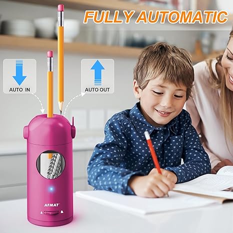 AFMAT Electric Pencil Sharpener, Fully Automatic Pencil Sharpener for Colored Pencils 7-11.5mm, Auto in & Out, Rechargeable Hands-Free Pencil Sharpener for Large Pencils, Christmas Gift, Purple