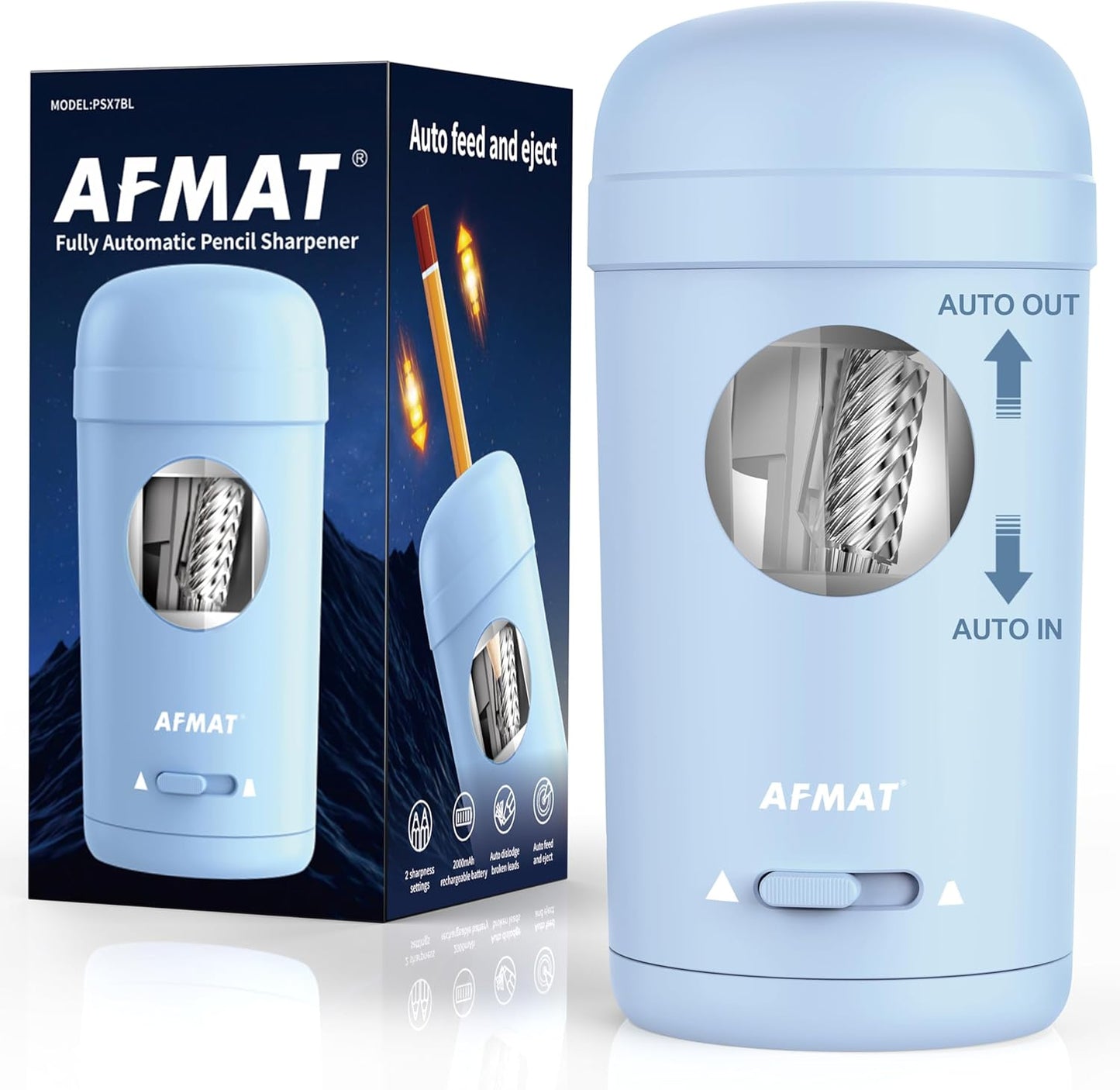 AFMAT PSX7 Electric Pencil Sharpener, Fully Automatic Pencil Sharpener for 7-8mm Pencils & Colored Pencils, Auto in & Out, Rechargeable Vertical Hands-Free Sharpeners for Classroom/Home/Office (Black)