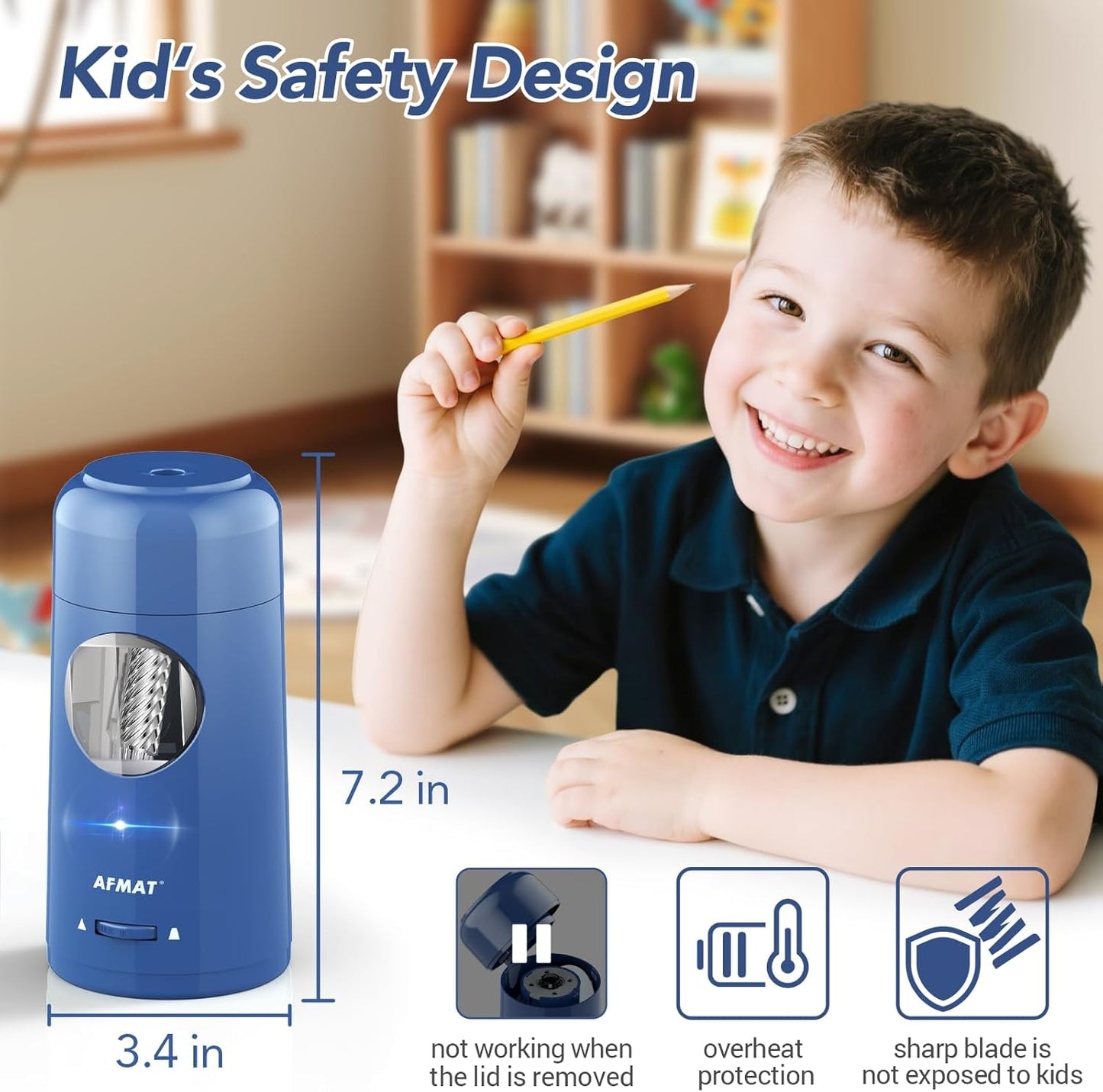 AFMAT PSX6 Electric Pencil Sharpener, Rechargeable Automatic Pencil Sharpener for Jumbo & Colored Pencils (7-11.5mm),Blue