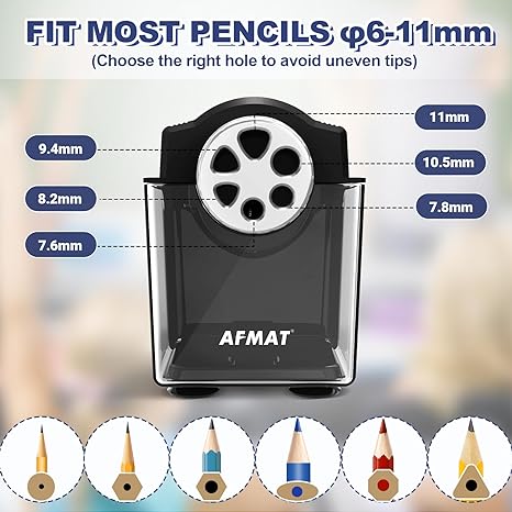 AFMAT PSX4 Electric Pencil Sharpener Heavy Duty, 6-Hole Classroom Pencil Sharpener for 6-11mm Pencils,Grey