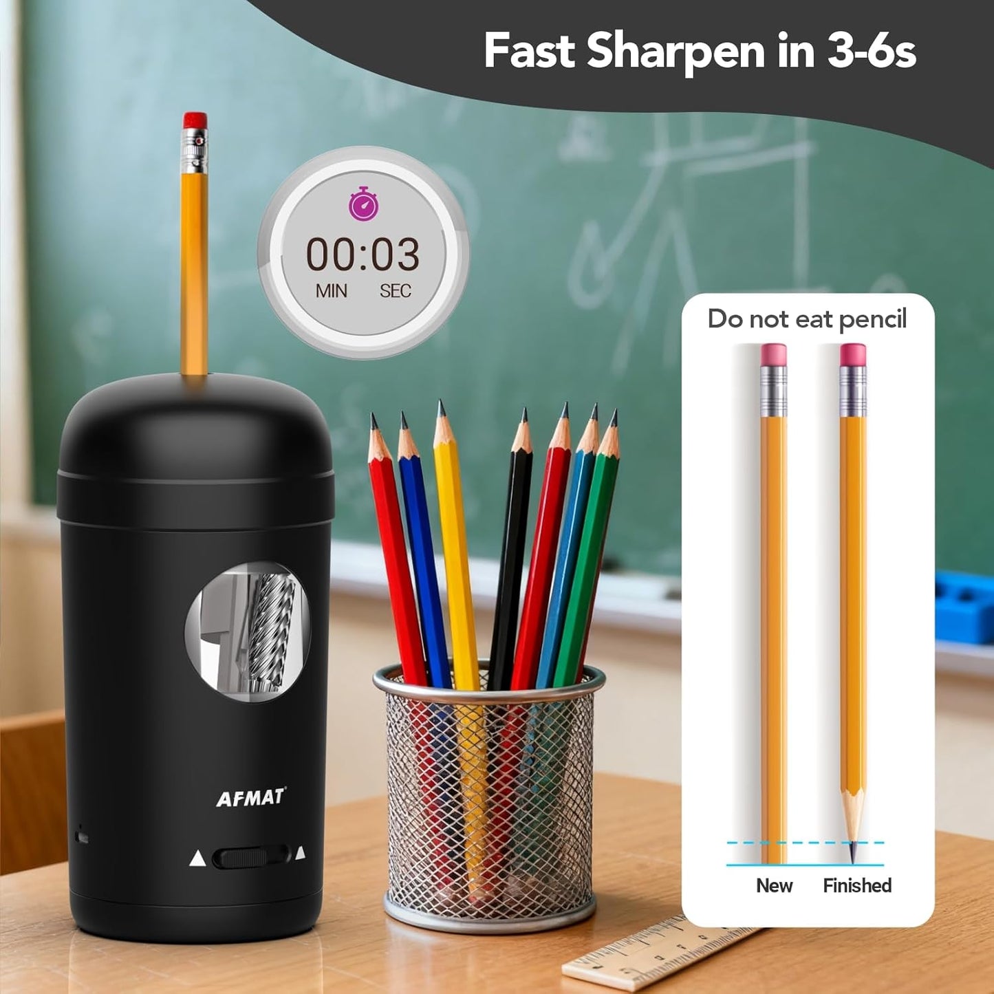 AFMAT PSX7 Electric Pencil Sharpener, Fully Automatic Pencil Sharpener for 7-8mm Pencils & Colored Pencils, Auto in & Out, Rechargeable Vertical Hands-Free Sharpeners for Classroom/Home/Office (Black)