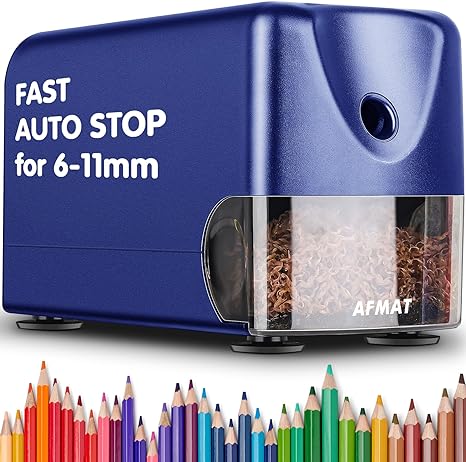 AFMAT PSX3 Heavy Duty Electric Pencil Sharpener, Auto Stop Classroom Pencil Sharpeners for 6-11mm No.2/Colored Pencils,Blue