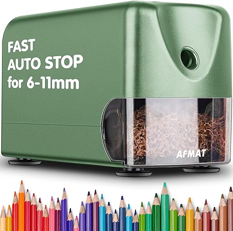 AFMAT PSX3 Heavy Duty Electric Pencil Sharpener, Auto Stop Classroom Pencil Sharpeners for 6-11mm No.2/Colored Pencils,Green