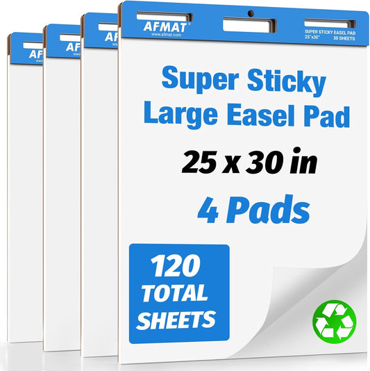 AFMAT Sticky Easel Pads, 25 in x 30 in Flip Chart Paper for Teachers,30 Sheets/Pad, 4 Pads,Model:AFEP34BL