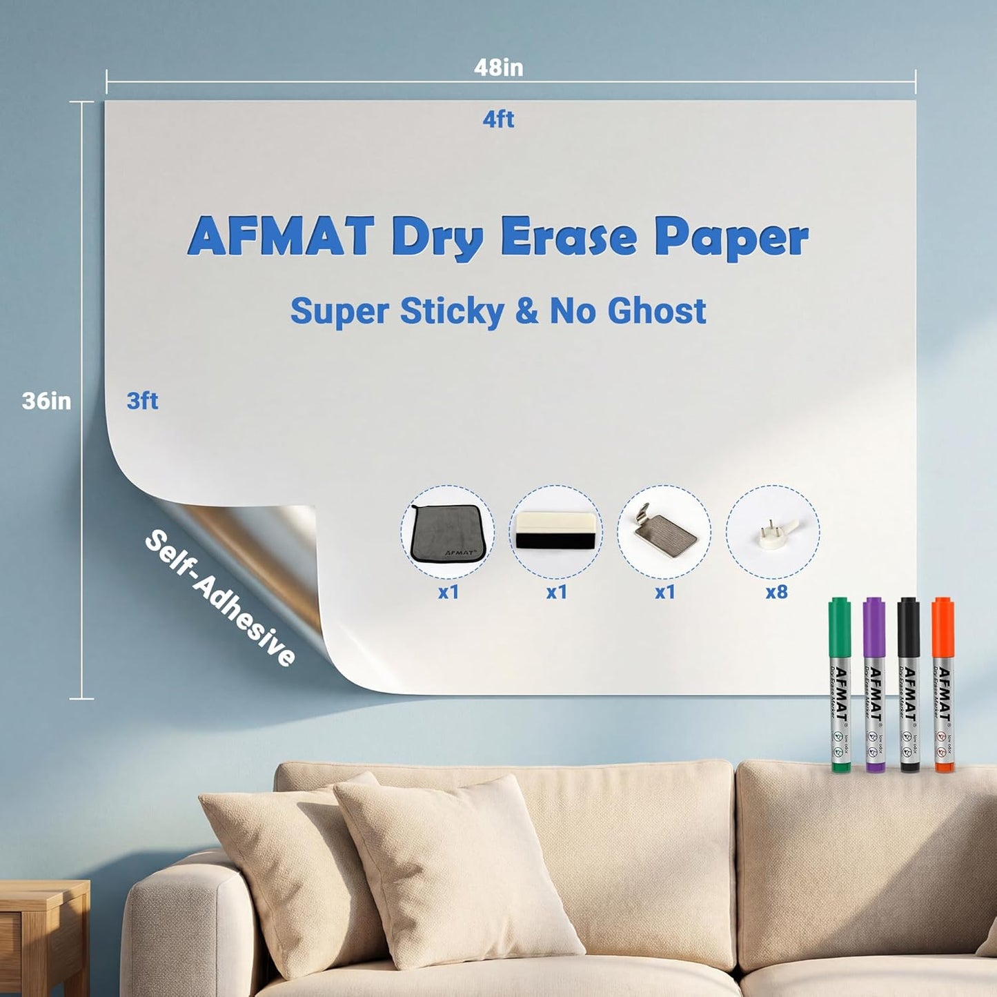 AFMAT White Board Dry Erase Paper, 48" x 36" Whiteboard Wallpaper, with 4 Markers, Stain-Proof & Super Sticky, No Ghost, 4' x 3' Peel and Stick Dry Erase Board Paper Roll for Wall/Home/Office,WS23B