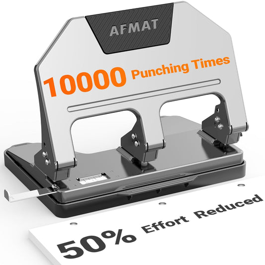 AFMAT HPX3 3 Hole Punch Heavy Duty, 40-Sheet 3 Hole Puncher for Binder, Metal Three Hole Punch w/ 10000+ Punching Times,Grey