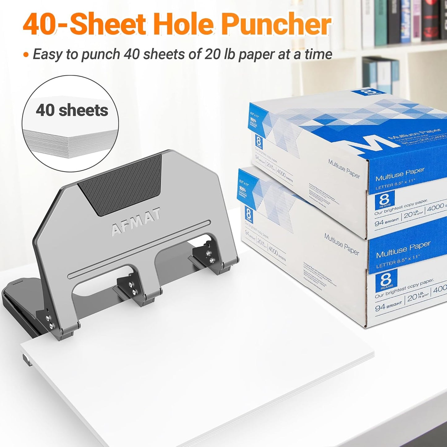 AFMAT 3 Hole Punch Heavy Duty, 40-Sheet 3 Hole Puncher for Binder, Metal Three Hole Punch w/ 10000+ Punching Times