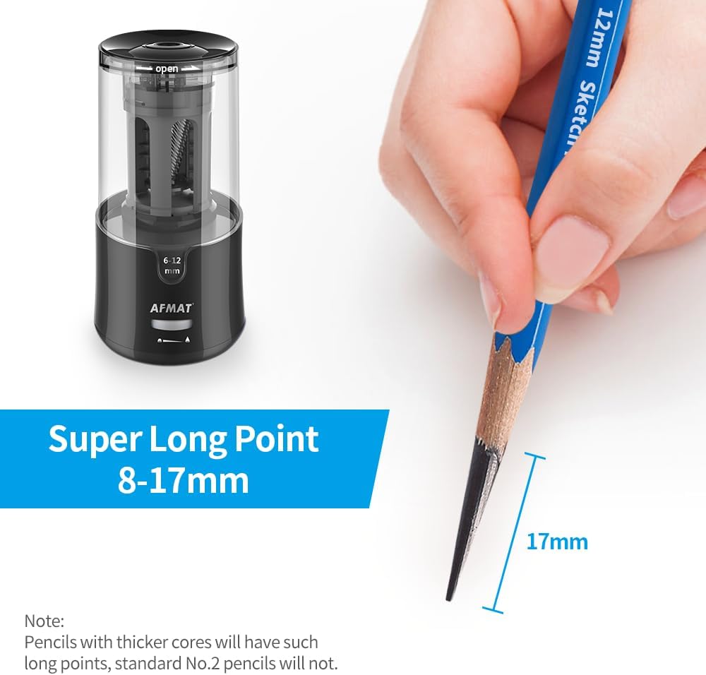 AFMAT Electric Long Point Pencil Sharpener for Artist, Auto Stop & Fast Sharpening, 8-17mm