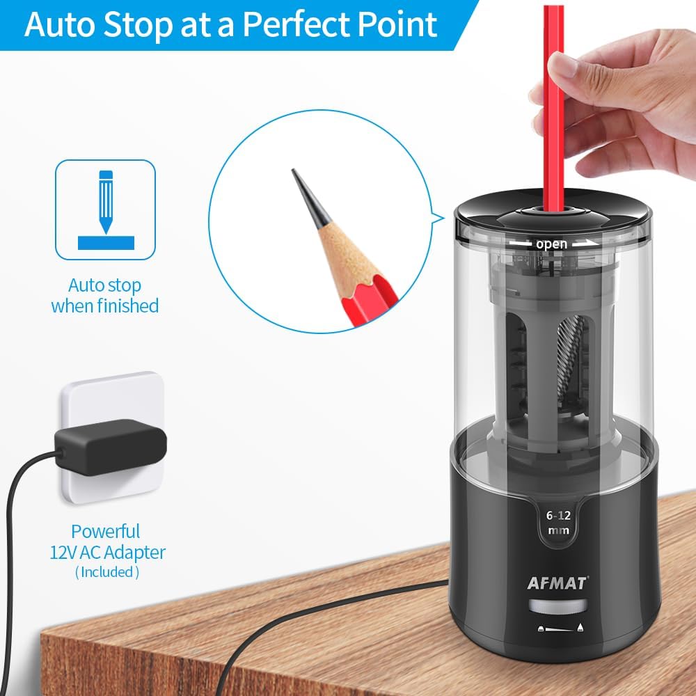 AFMAT Electric Long Point Pencil Sharpener for Artist, Auto Stop & Fast Sharpening, 8-17mm
