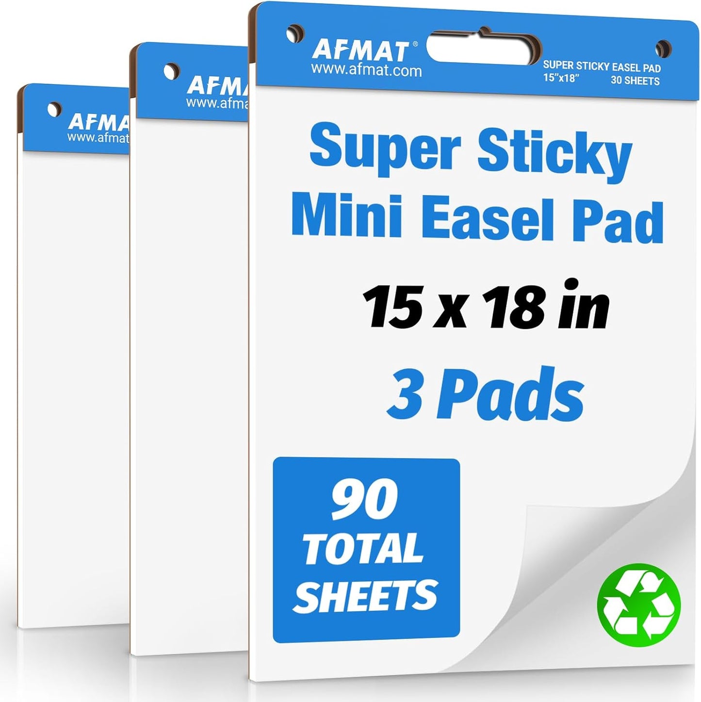 AFMAT Sticky Easel Pads, 15 in x 18 in Flip Chart Paper for Teachers, Ink Bleed-Through Resistant Easel Paper for Office/Classroom/Whiteboard/Wall/Windows, 30 Sheets/Pad, 3 Pads,Model:AFEP13BL