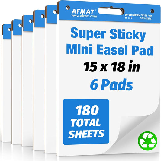 AFMAT Sticky Easel Pads, 15 in x 18 in Flip Chart Paper for Teachers, Ink Bleed-Through Resistant Easel Paper for Office/Classroom/Whiteboard/Wall/Windows, 30 Sheets/Pad, 6 Pads,Model:AFEP16BL