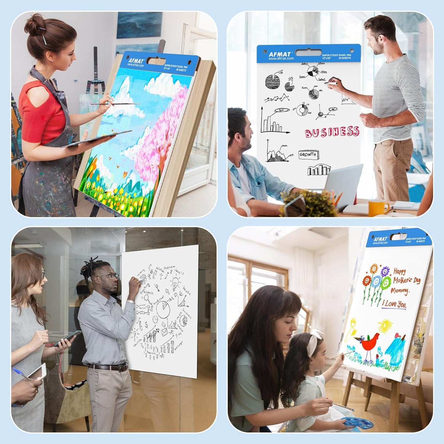 AFMAT Sticky Easel Pads, 15 in x 18 in Flip Chart Paper for Teachers, Ink Bleed-Through Resistant Easel Paper for Office/Classroom/Whiteboard/Wall/Windows, 30 Sheets/Pad, 3 Pads AFEP13BL