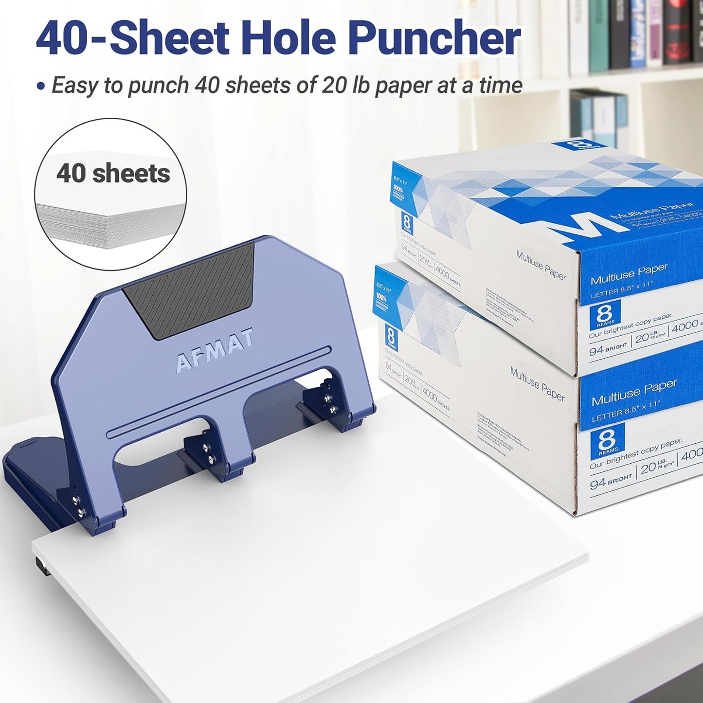 AFMAT 3 Hole Punch Heavy Duty, 40-Sheet 3 Hole Puncher for Binder, Metal Three Hole Punch w/ 10000+ Punching Times