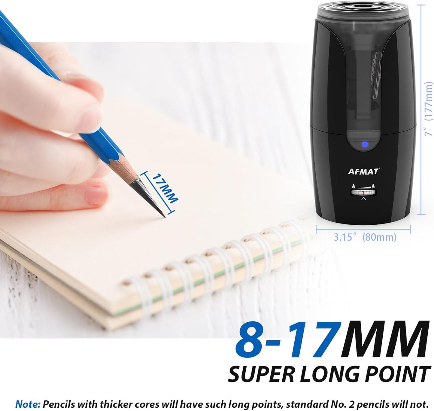 AFMAT PS29 Rechargeable Long Point Pencil Sharpener for Artist, Fast Sharpen & Auto Stop, 8-17mm Super Long Point, Electric Artist Pencil Sharpener for φ6-12mm Charcoal/Drawing/Sketching/Colored Pencils