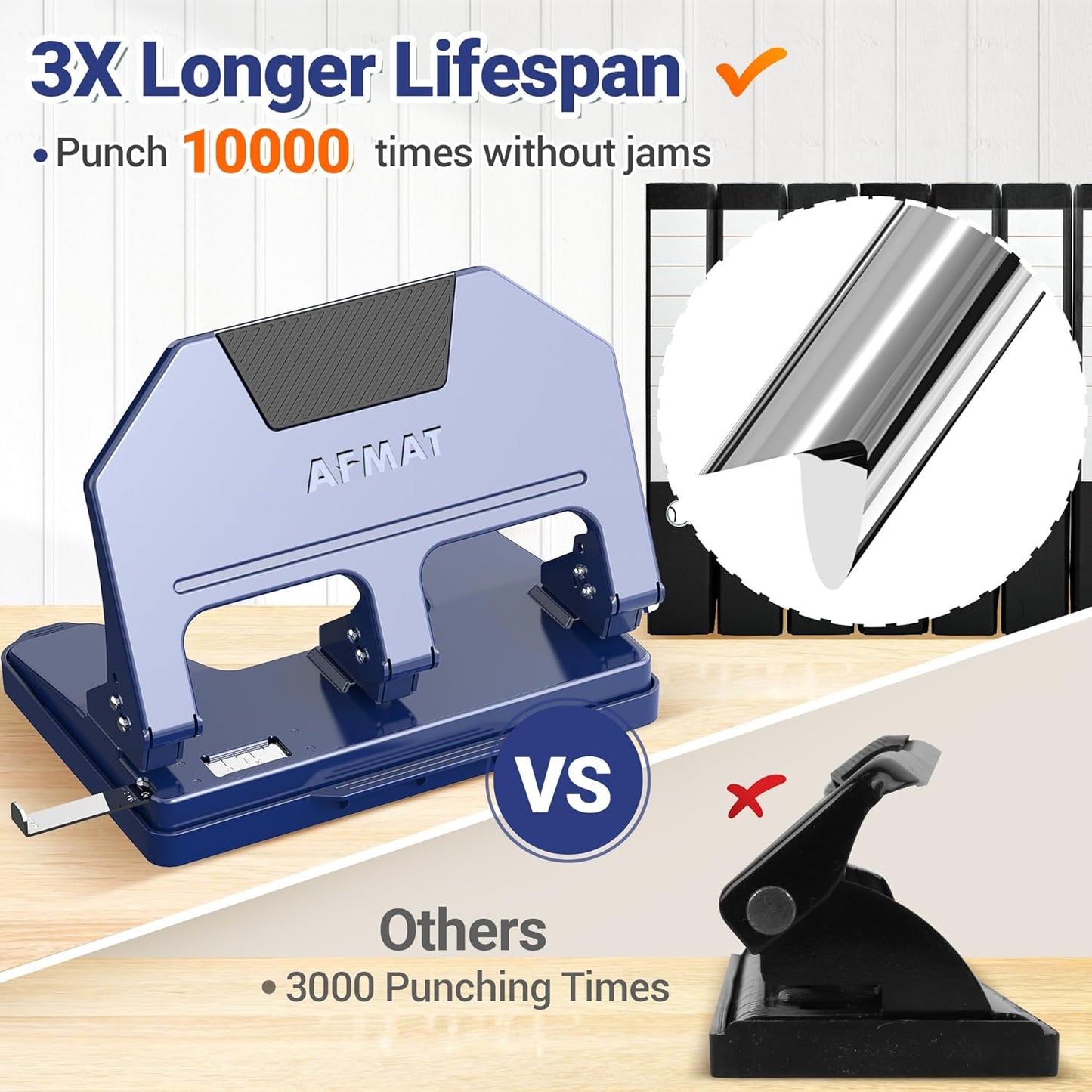 AFMAT 3 Hole Punch Heavy Duty, 40-Sheet 3 Hole Puncher for Binder, Metal Three Hole Punch w/ 10000+ Punching Times