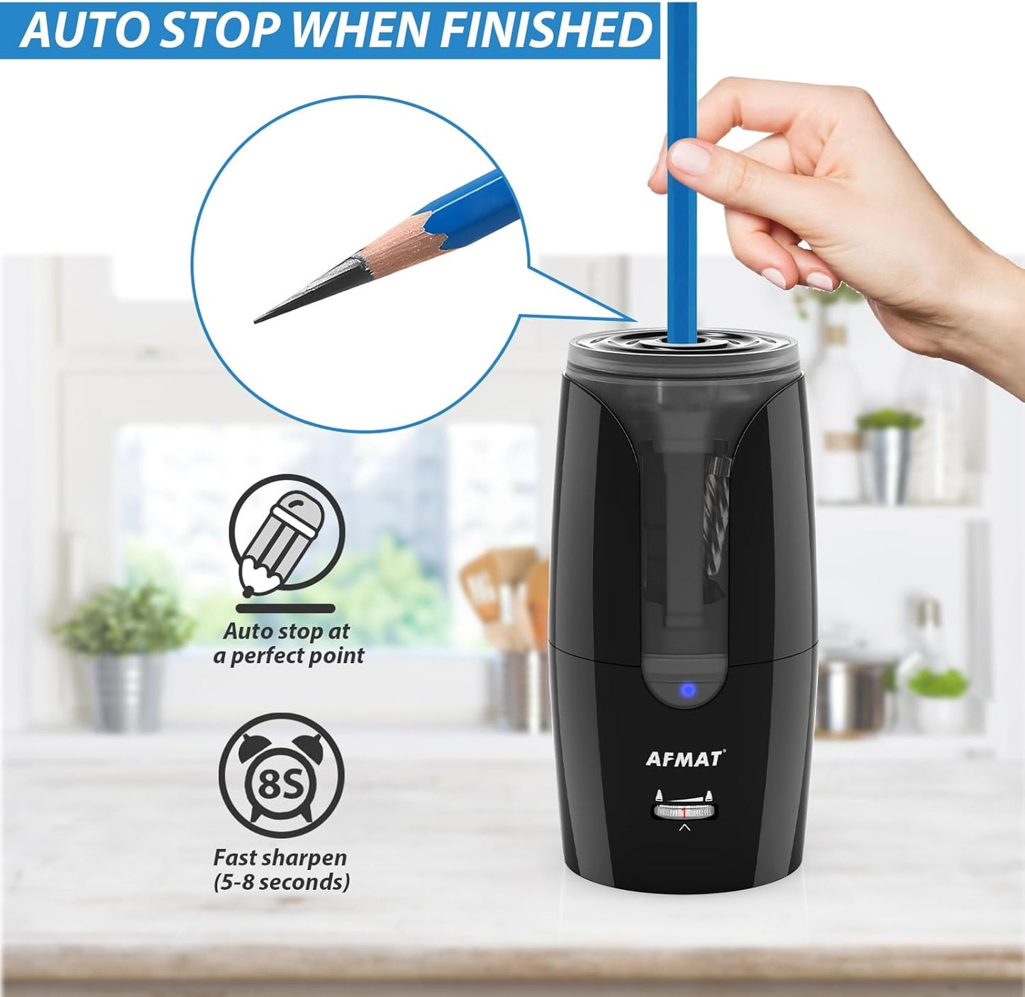 AFMAT PS29 Rechargeable Long Point Pencil Sharpener for Artist, Fast Sharpen & Auto Stop, 8-17mm Super Long Point, Electric Artist Pencil Sharpener for φ6-12mm Charcoal/Drawing/Sketching/Colored Pencils