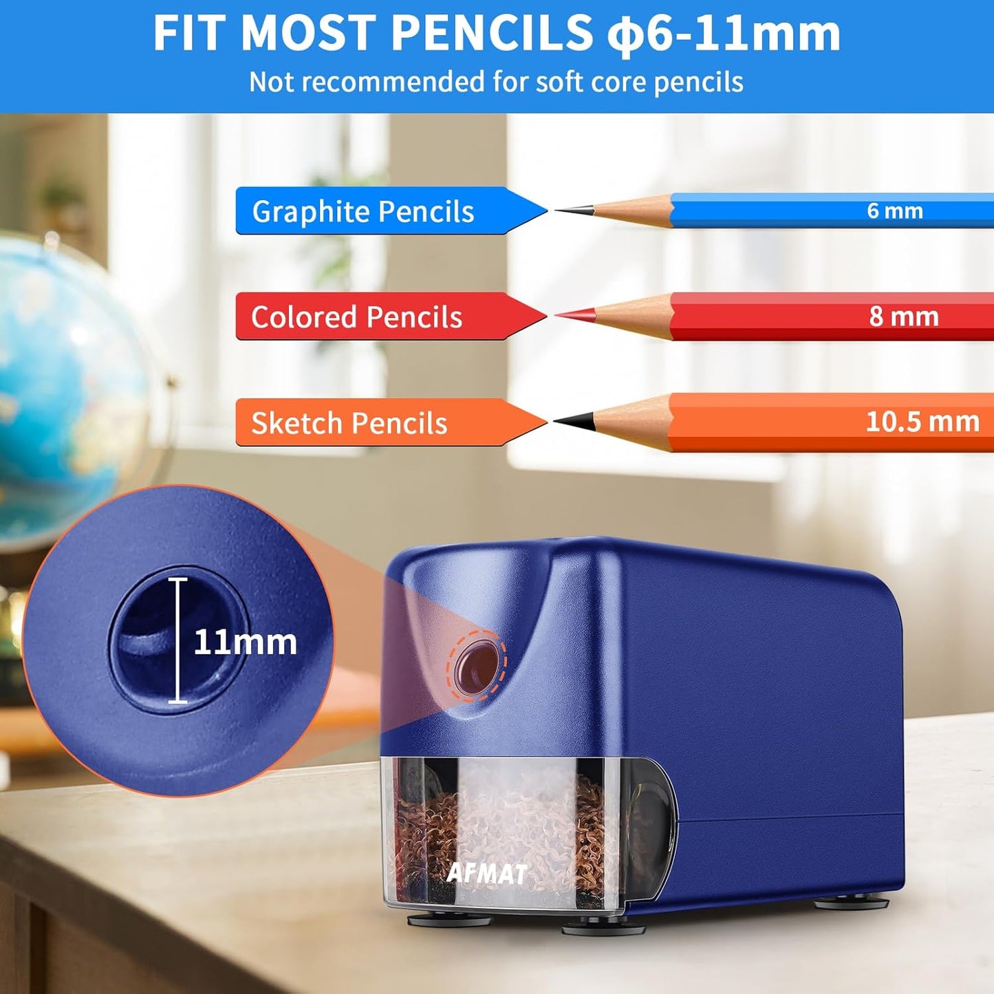 AFMAT Heavy Duty Electric Pencil Sharpener, Auto Stop Classroom Pencil Sharpeners for 6-11mm No.2/Colored Pencils