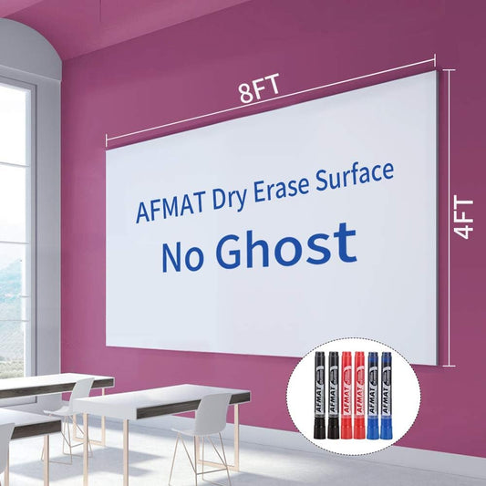 AFMAT D48 Dry Erase Whiteboard Paper, Large White Board Stickers for Wall, 8x4ft Dry Erase Paper Roll with Adhesive Backing,6 Much Better Markers