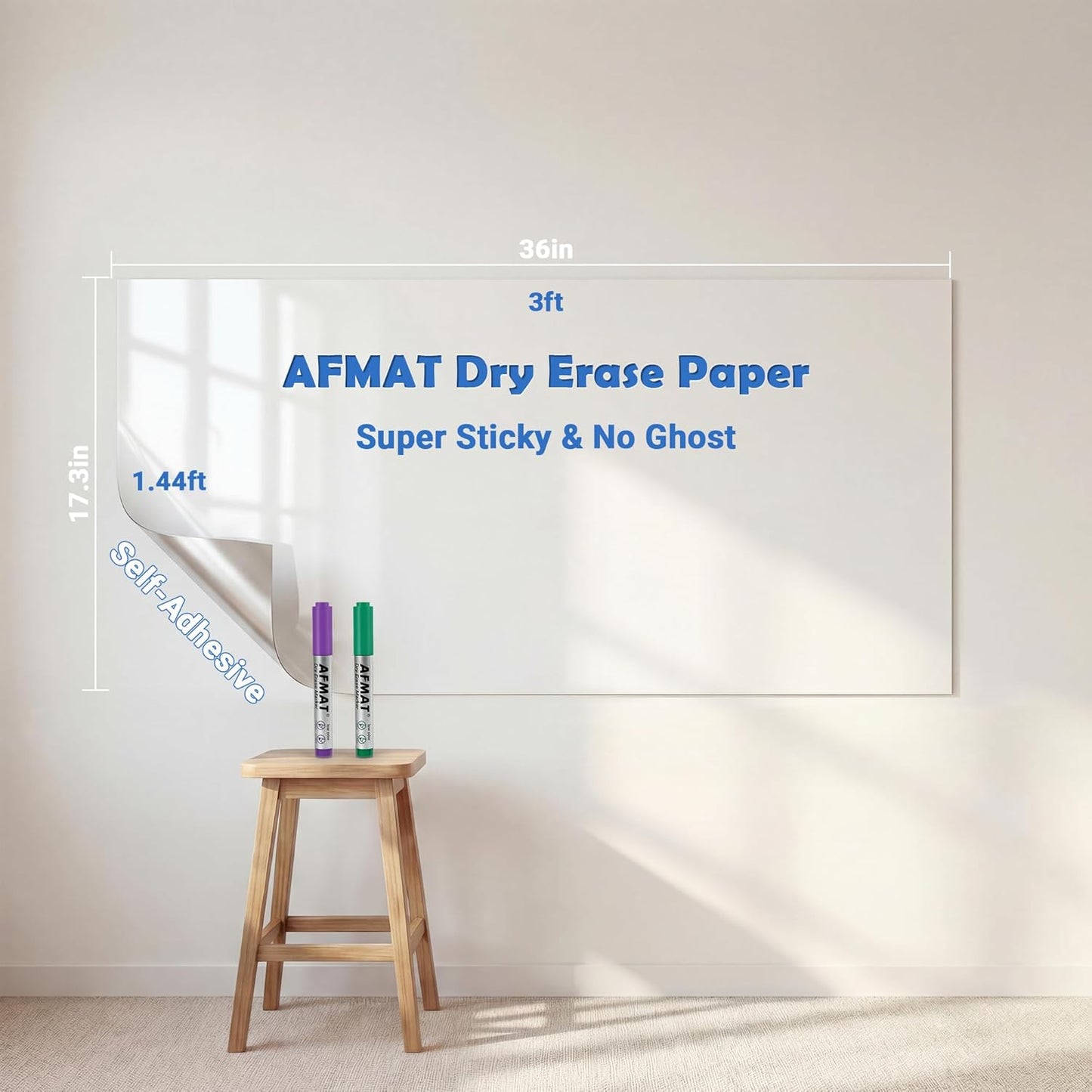 AFMAT White Board Dry Erase Paper, 36" x 17.3" Whiteboard Wallpaper, with 2 Markers, Stain-Proof & Super Sticky, No Ghost After 60 Days, Peel and Stick Dry Erase Board Paper Roll for Wall/Home/Office