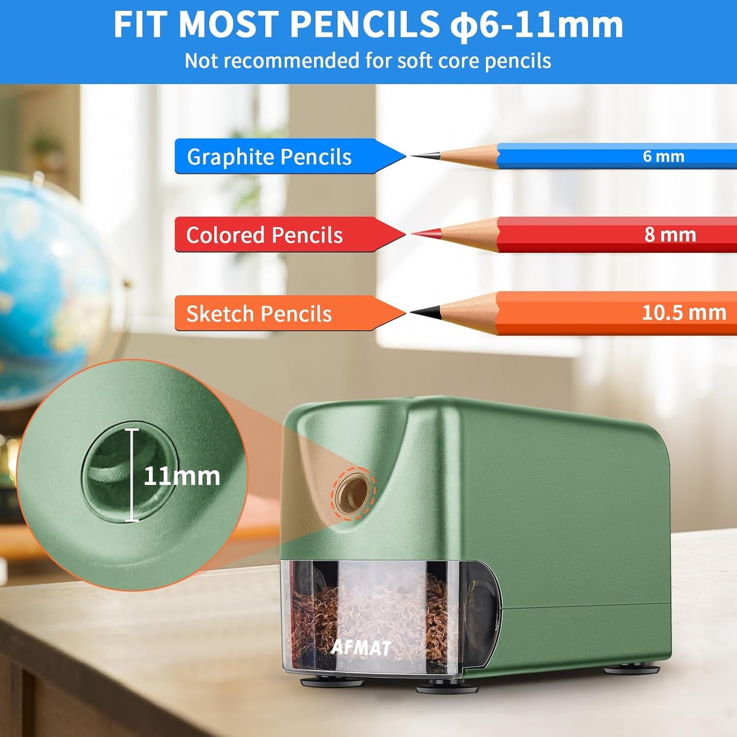 AFMAT Heavy Duty Electric Pencil Sharpener, Auto Stop Classroom Pencil Sharpeners for 6-11mm No.2/Colored Pencils