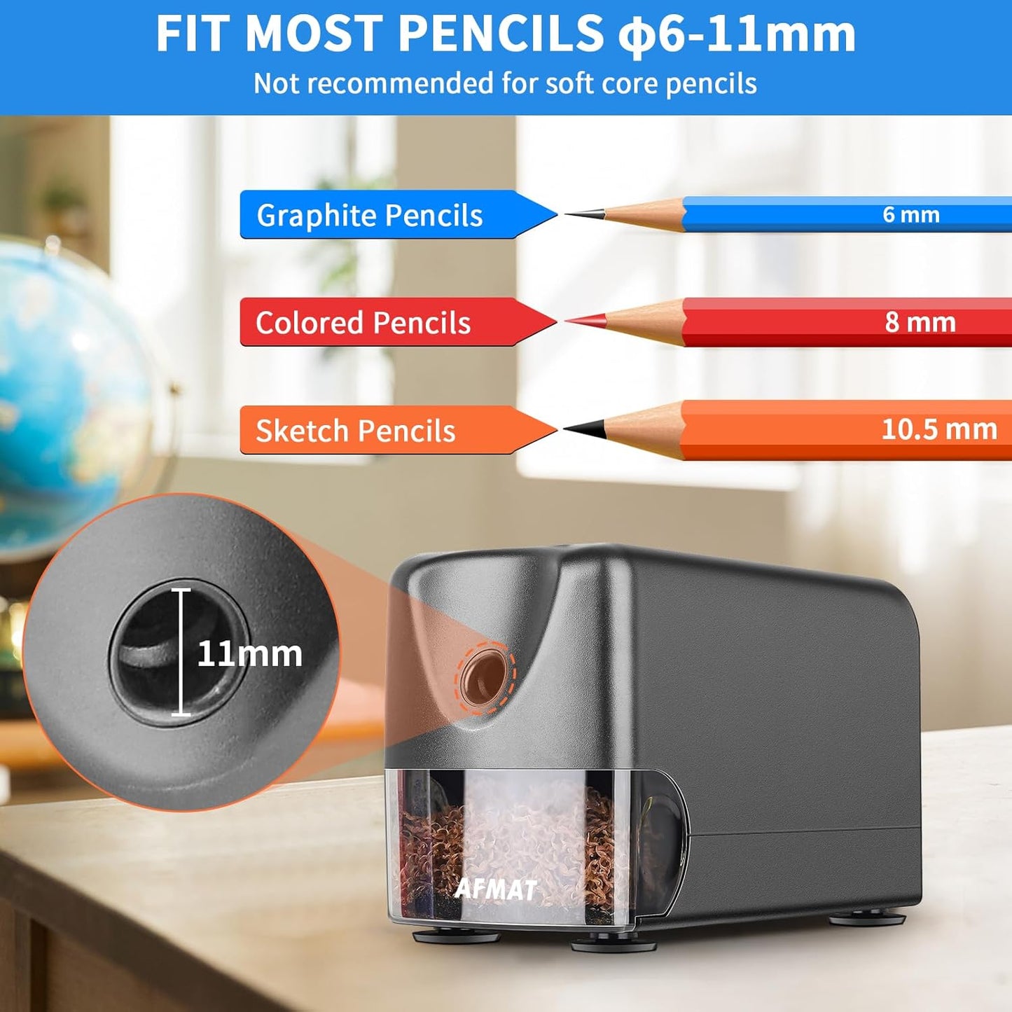 AFMAT Heavy Duty Electric Pencil Sharpener, Auto Stop Classroom Pencil Sharpeners for 6-11mm No.2/Colored Pencils