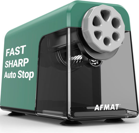 AFMAT PSX1 Electric Pencil Sharpener Heavy Duty, 6 Holes, Auto Stop Pencil Sharpeners for School,Green