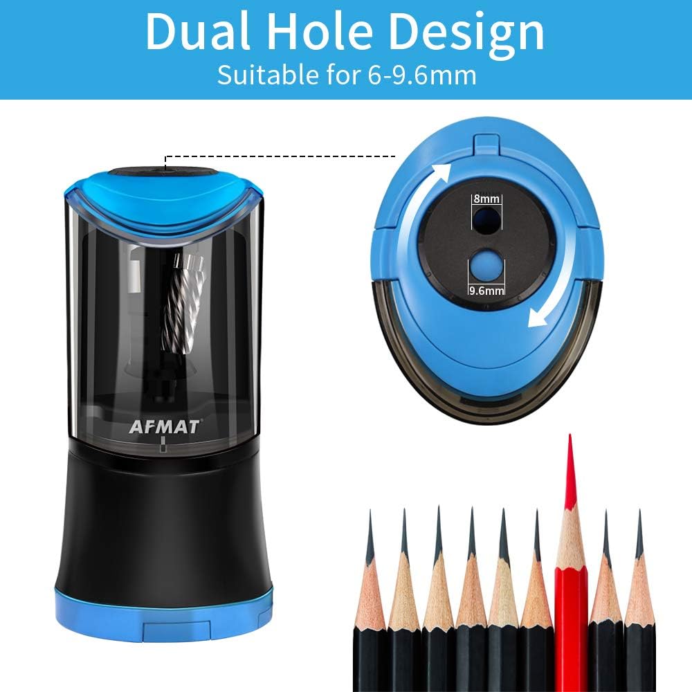 AFMAT Rechargeable Long Point Pencil Sharpener, 2 Holes, Fast Sharpen & Auto Stop, 8-17mm