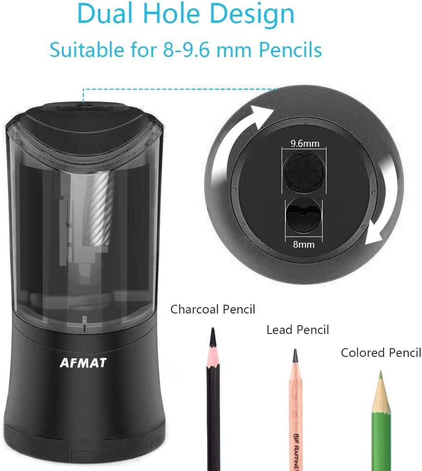 AFMAT Rechargeable Long Point Pencil Sharpener, 2 Holes, Fast Sharpen & Auto Stop, 8-17mm