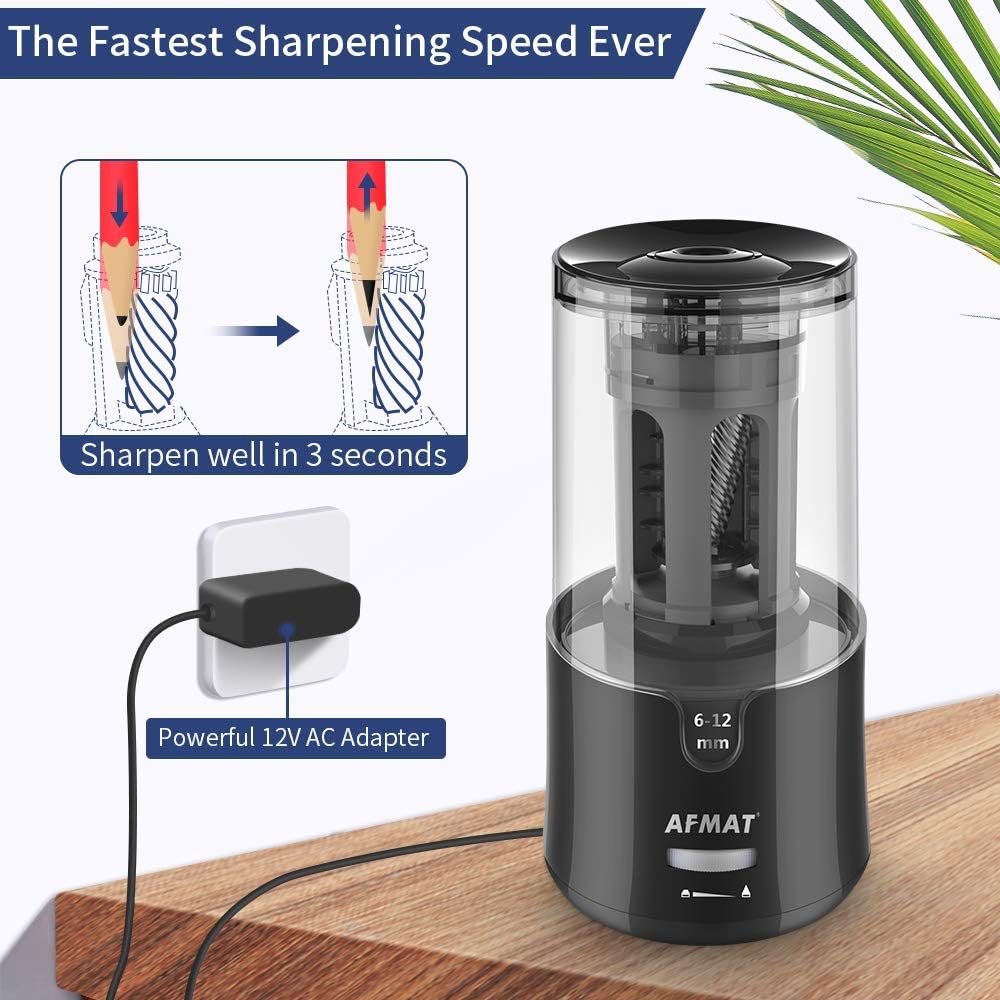 AFMAT Electric Pencil Sharpener - Auto Stop, Super Sharp & Fast, Plug in Pencil Sharpener for 6-12mm No.2/Colored Pencils