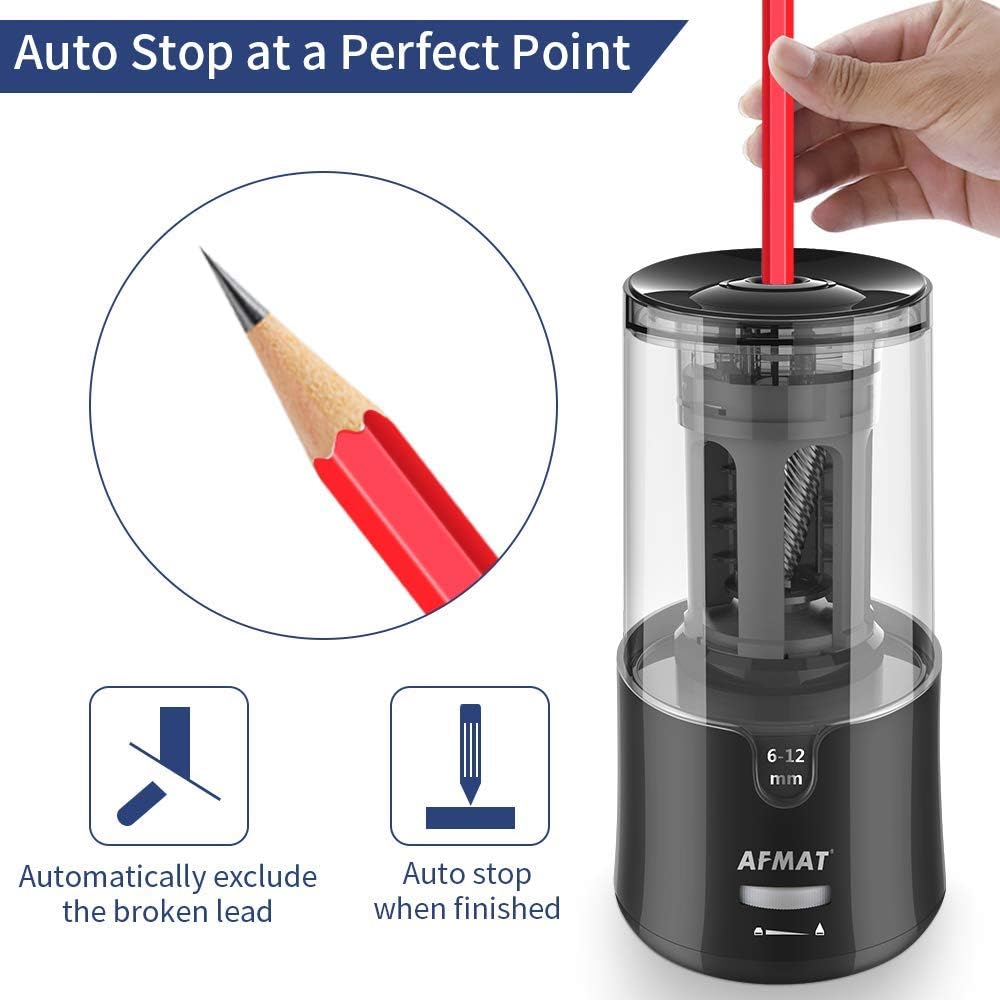 AFMAT Electric Pencil Sharpener - Auto Stop, Super Sharp & Fast, Plug in Pencil Sharpener for 6-12mm No.2/Colored Pencils