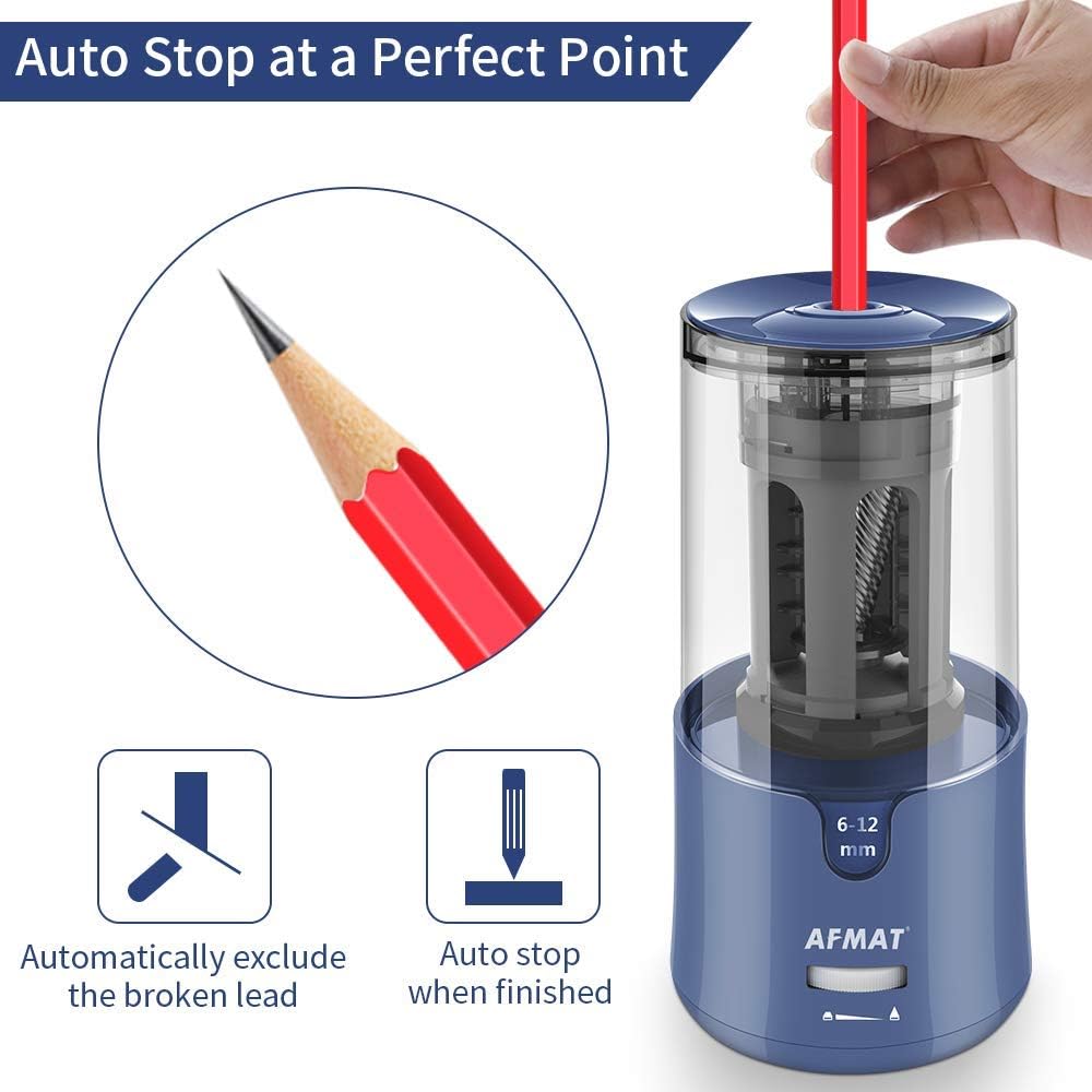 AFMAT Electric Pencil Sharpener - Auto Stop, Super Sharp & Fast, Plug in Pencil Sharpener for 6-12mm No.2/Colored Pencils