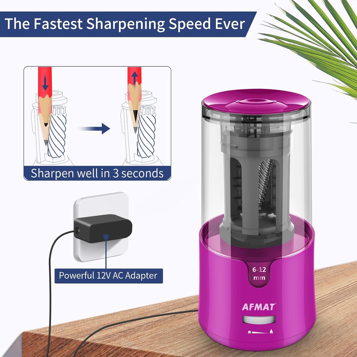 AFMAT Electric Pencil Sharpener - Auto Stop, Super Sharp & Fast, Plug in Pencil Sharpener for 6-12mm No.2/Colored Pencils