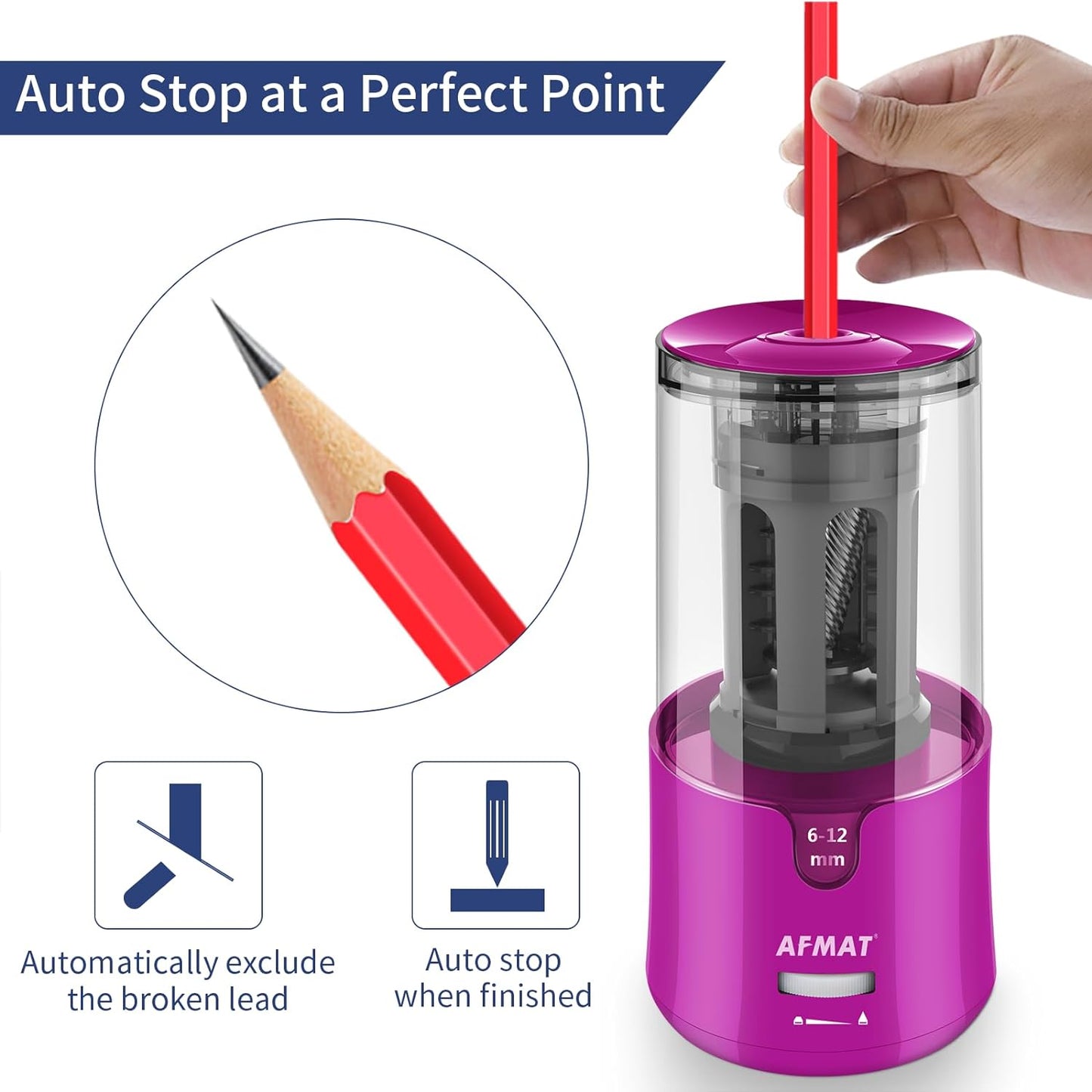 AFMAT Electric Pencil Sharpener - Auto Stop, Super Sharp & Fast, Plug in Pencil Sharpener for 6-12mm No.2/Colored Pencils