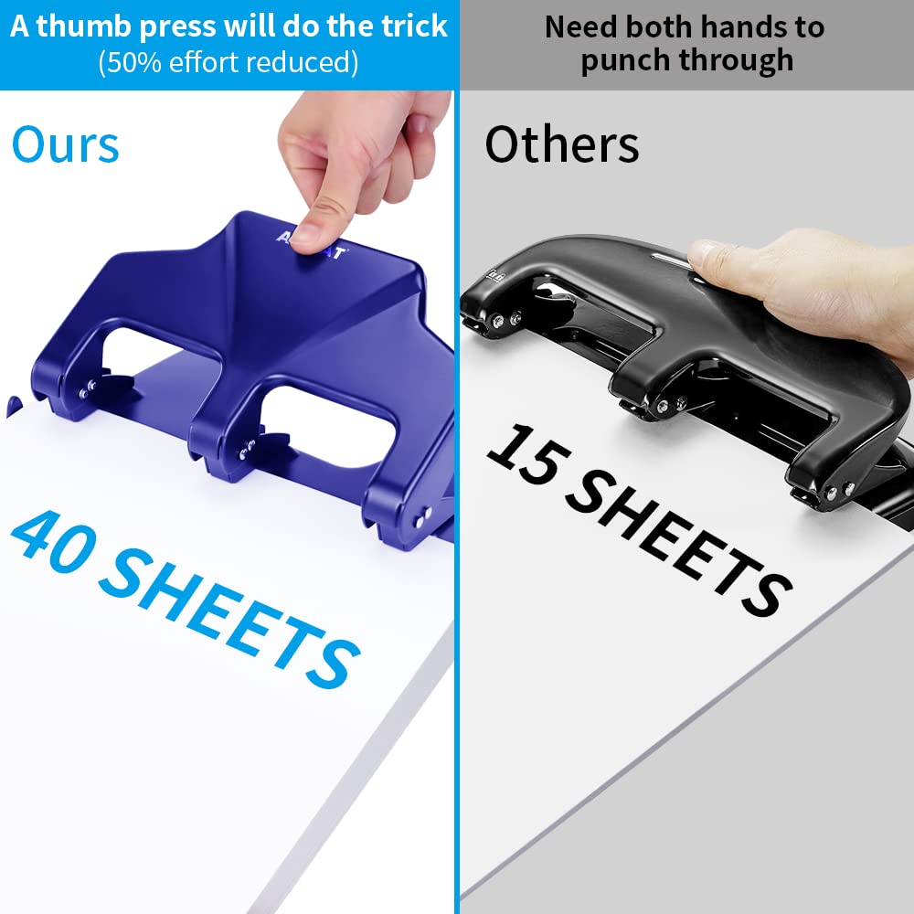 AFMAT 3 Hole Punch Heavy Duty, 40-Sheet Three Hole Punch, 50% Reduced Effort Metal Paper Puncher w/Large Chip Tray HP15