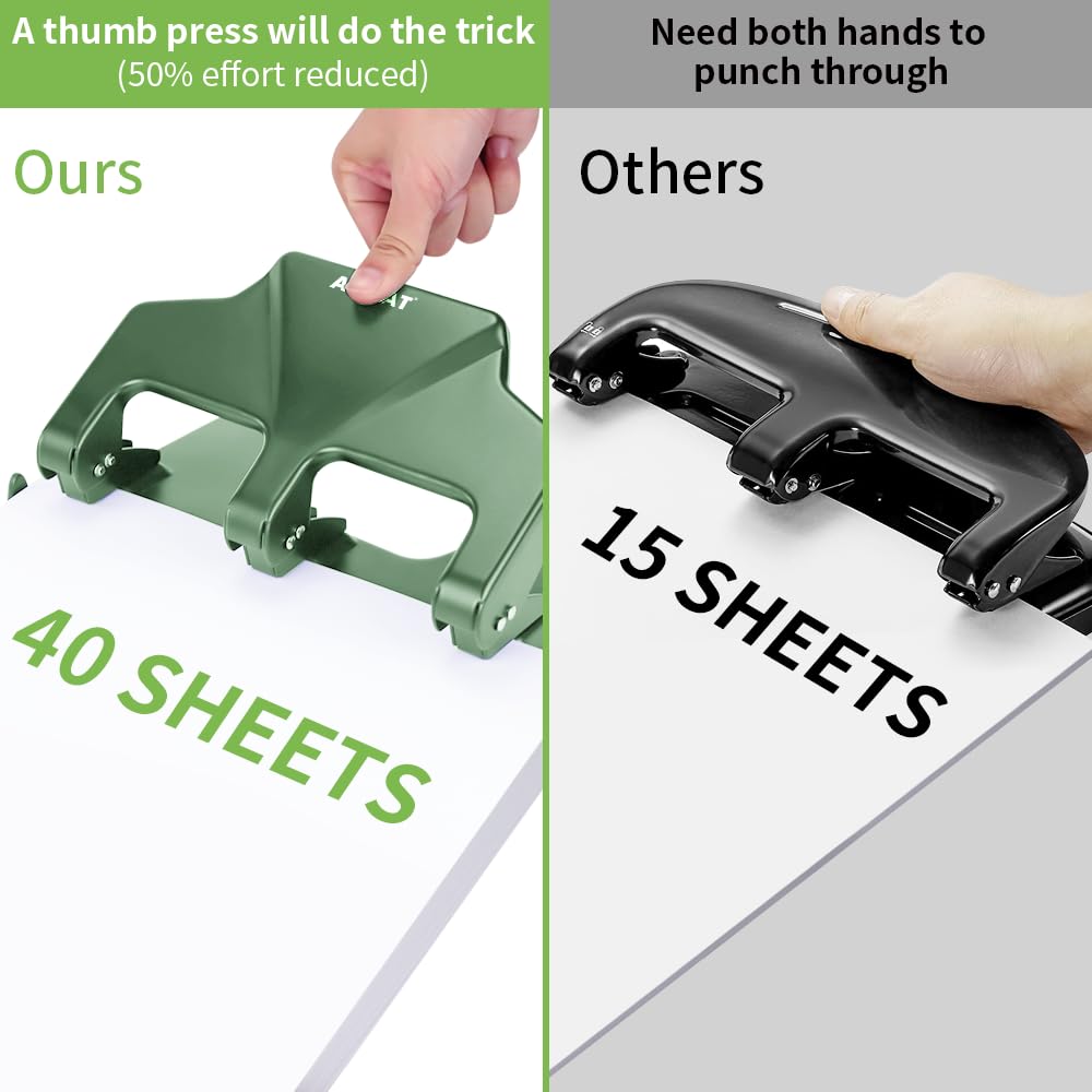 AFMAT 3 Hole Punch Heavy Duty, 40-Sheet Three Hole Punch, 50% Reduced Effort Metal Paper Puncher w/Large Chip Tray HP15