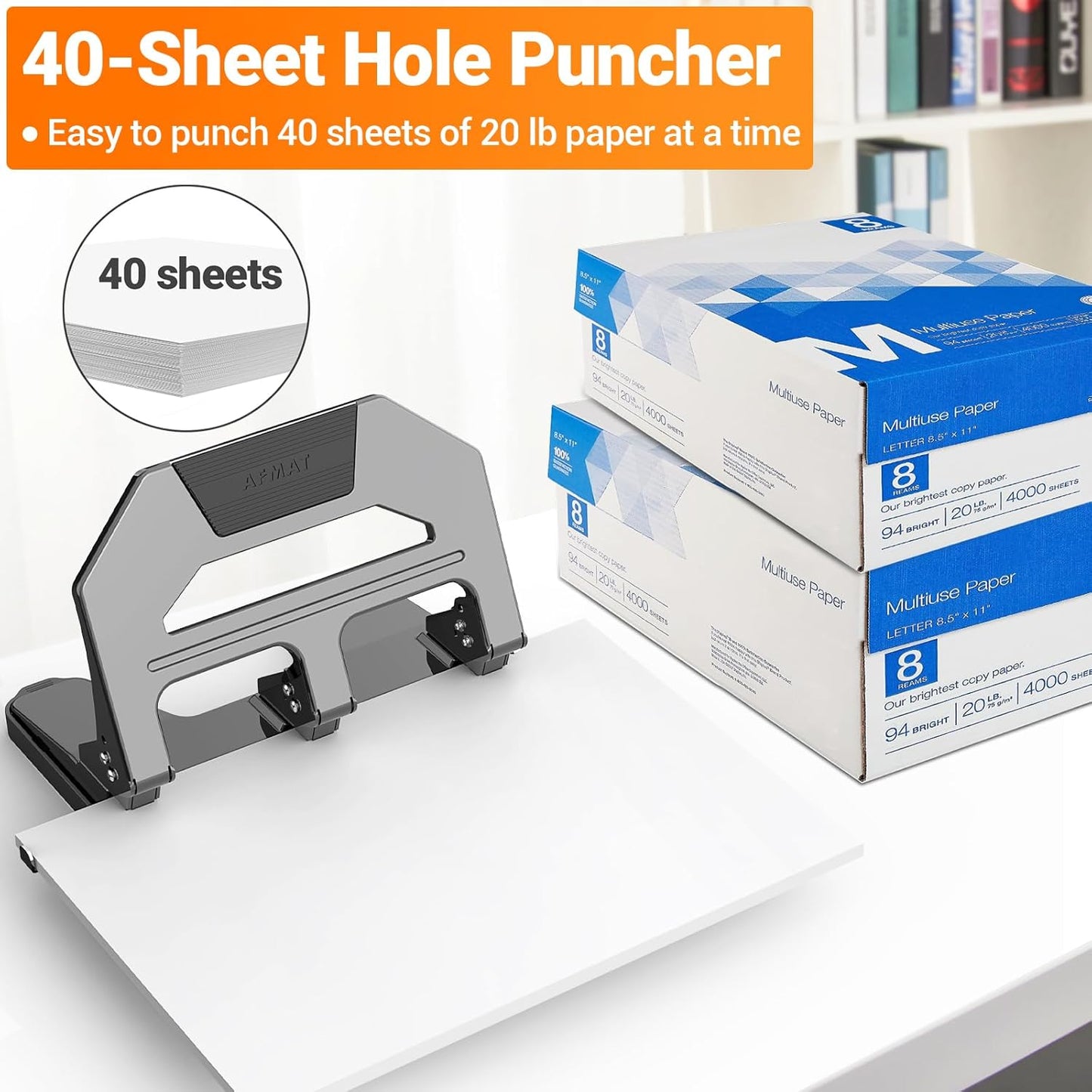 AFMAT 3 Hole Puncher Heavy Duty, 40-Sheet Heavy Duty Three Hole Punch, 50% Reduced Effort Paper Punch, 10000+ Punching Times HPX2BK