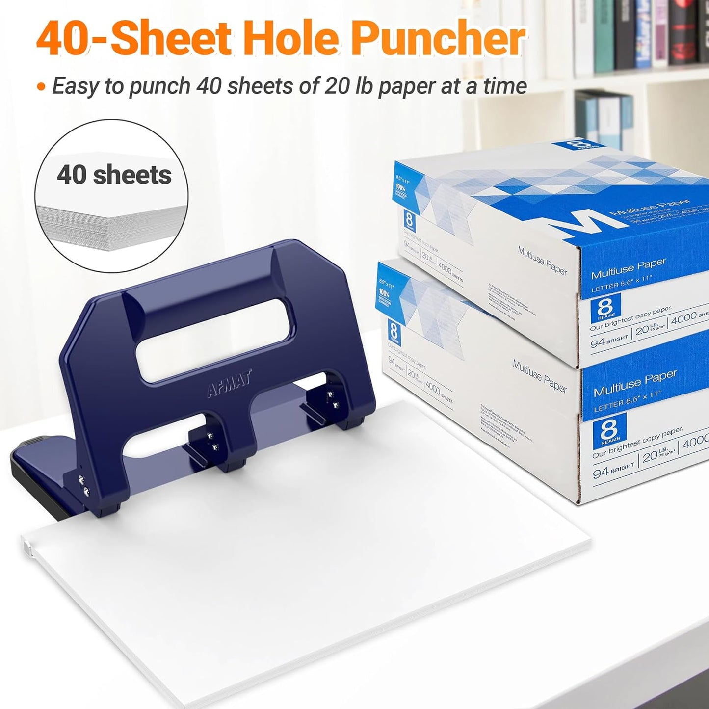 AFMAT 3 Hole Punch Heavy Duty, 3 Hole Puncher for Binder, 10000+ Punching Times, 40-Sheet Three Hole Punch
