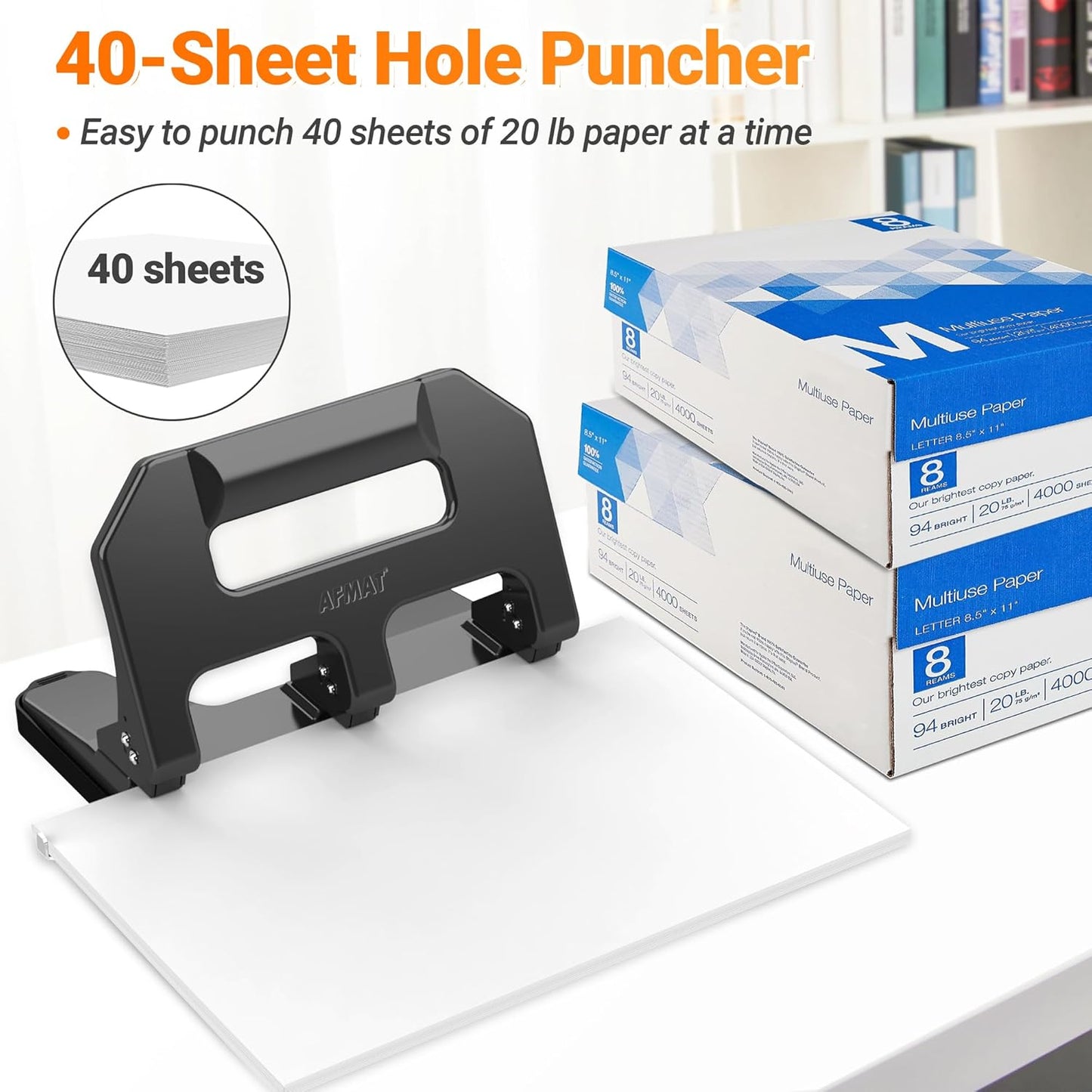 AFMAT 3 Hole Punch Heavy Duty, 3 Hole Puncher for Binder, 10000+ Punching Times, 40-Sheet Three Hole Punch