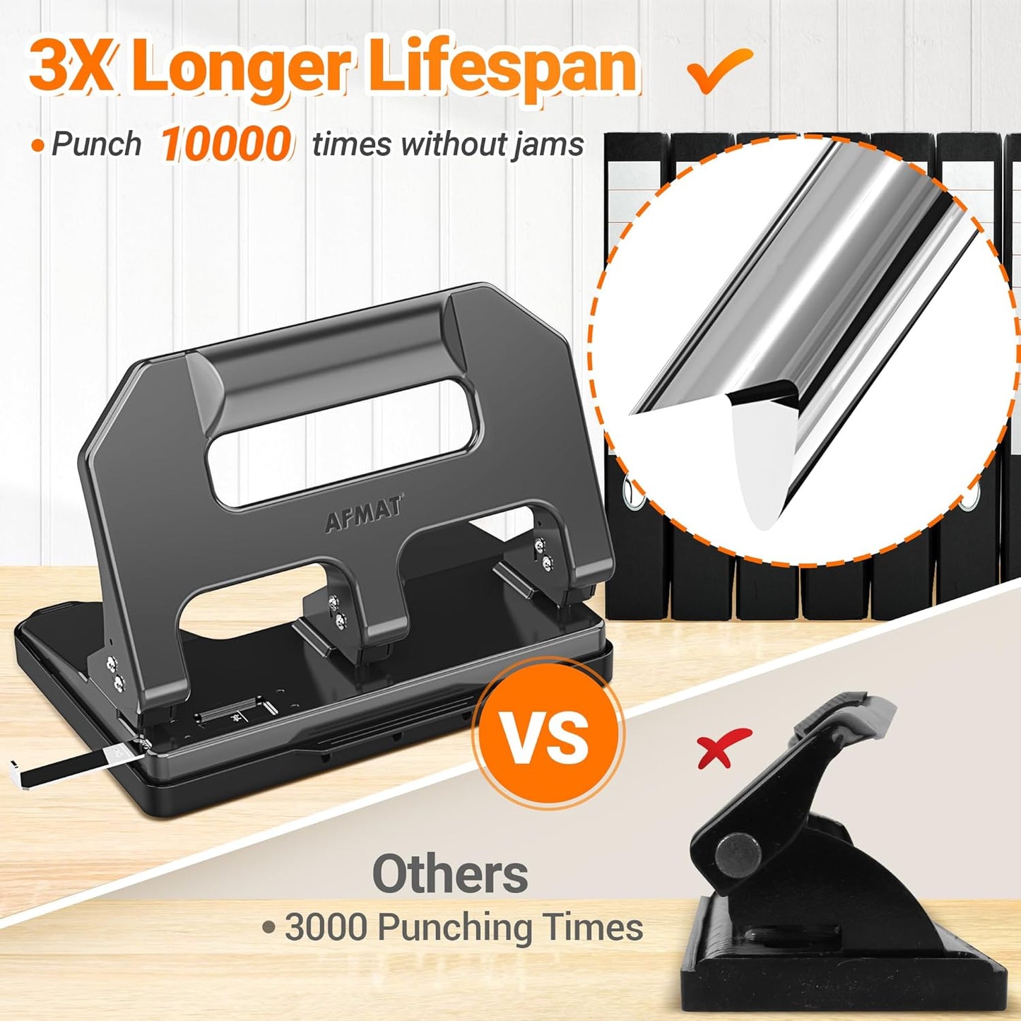AFMAT 3 Hole Punch Heavy Duty, 3 Hole Puncher for Binder, 10000+ Punching Times, 40-Sheet Three Hole Punch