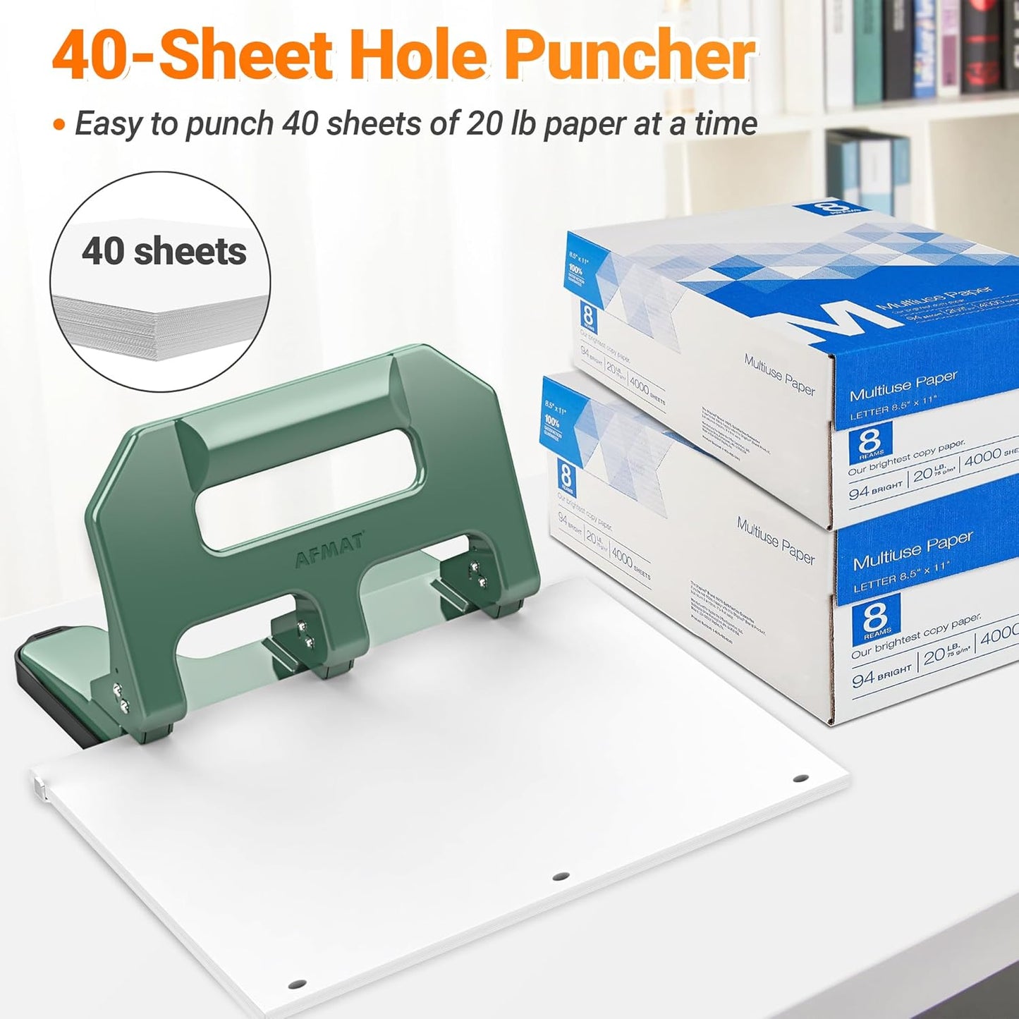 AFMAT 3 Hole Punch Heavy Duty, 3 Hole Puncher for Binder, 10000+ Punching Times, 40-Sheet Three Hole Punch