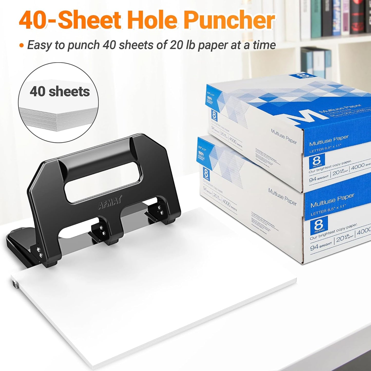 AFMAT HPX1 3 Hole Punch Heavy Duty, 3 Hole Puncher for Binder, 10000+ Punching Times, 40-Sheet Three Hole Punch,Grey